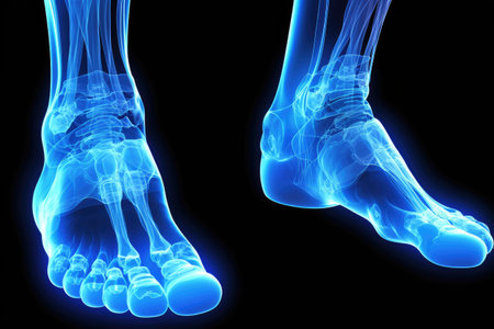 A close-up view of a person's feet with a blue X-ray. This image can be used to depict medical diagnostics, orthopedics, radiology, or human anatomy.の素材