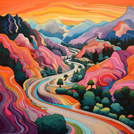 A picturesque painting of a winding road surrounded by majestic mountains. Perfect for travel and adventure themes.の素材