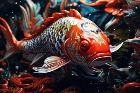 A detailed view of a fish swimming in a tranquil pond. Ideal for nature enthusiasts and aquatic-themed projects.の素材