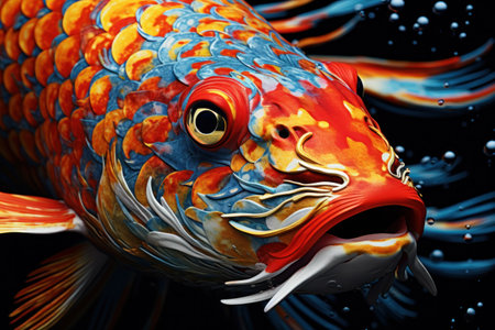 A close-up photograph of a vibrant and colorful fish against a black background. Perfect for aquatic-themed designs and projects.の素材
