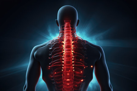 A captivating image of the back of a man with a glowing spine. This picture can be used to depict the concept of inner strength and resilience. It can also be used in medical or scientific presentations to illustrate the human anatomy.の素材