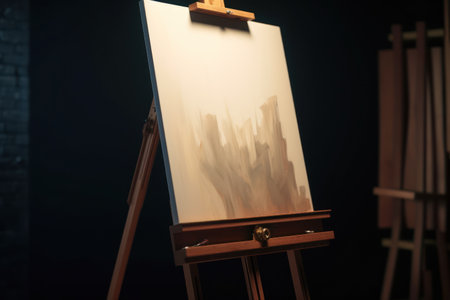 An easel with a painting on it in a dark room. This image can be used for various artistic concepts and creative projects.の素材