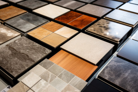 A collection of different types of tile showcased for customers to choose from. This image can be used to illustrate a variety of tile options available for home improvement projects or interior design concepts.の素材