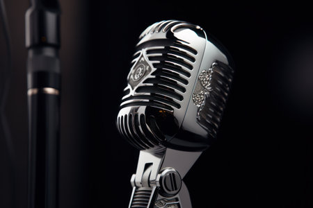 A close-up view of a microphone on a stand. This versatile image can be used for various purposes, such as podcasting, recording music, public speaking, or broadcasting.の素材