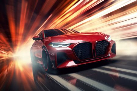 A red sports car driving on a city street. Perfect for automotive and urban lifestyle themes.の素材