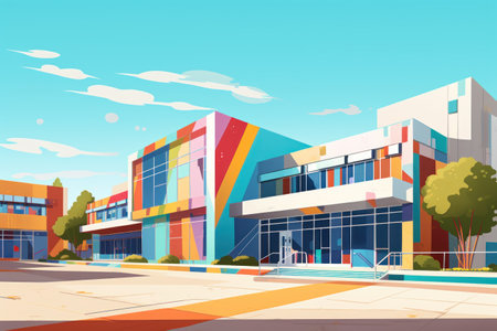 A vibrant building with a pool in the foreground. This image can be used to showcase modern architecture and leisure activities.の素材