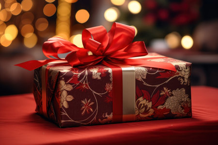 A gift box with a red bow sitting on a table. Perfect for birthdays, anniversaries, or special occasions.の素材