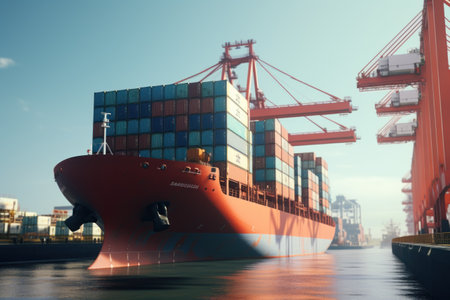A picture of a large container ship floating in a body of water. This image can be used to depict international trade, shipping industry, or transportation logistics.の素材