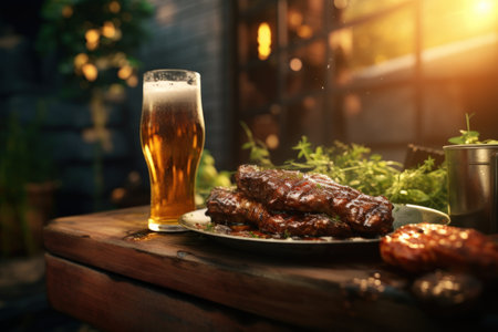 A picture of a plate of food and a glass of beer placed on a table. Perfect for food and drink related content.の素材