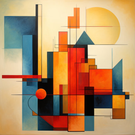 A painting of a building with a vibrant sun in the background. This image can be used to depict architecture, urban landscapes, or a sunny day.の素材