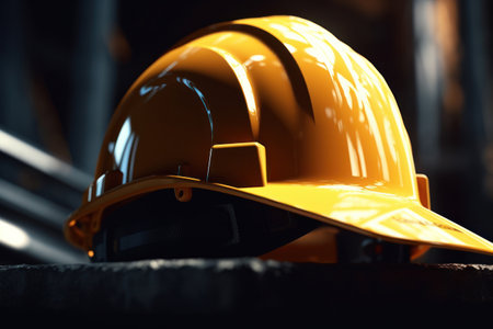 A yellow hard hat sitting on top of a table. This image can be used to represent construction, workplace safety, or engineering concepts.の素材