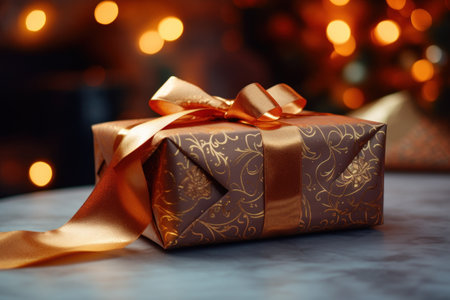 A beautifully wrapped gift in gold with a red ribbon. Perfect for any special occasion or celebration.の素材