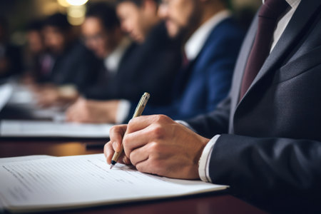 A man in a suit is seen writing on a piece of paper. This image can be used to depict business, office work, or professional tasks.の素材
