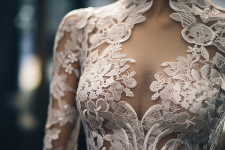 A close-up view of a wedding dress on a mannequin. This picture can be used for bridal fashion websites or magazines, wedding planning blogs, and dressmaker portfolios.の素材