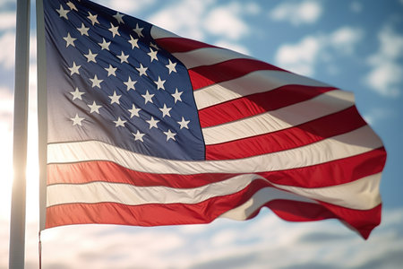 A powerful image of a large American flag fluttering in the wind. Perfect for patriotic themes and celebrations.の素材