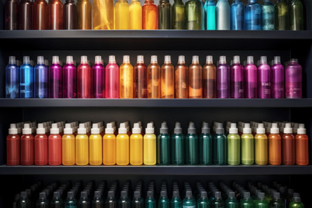 A shelf filled with a variety of different colored bottles. This image can be used to depict a collection, storage, organization, or interior design concept.の素材