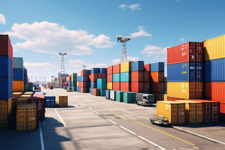 A truck driving down a road next to a bunch of shipping containers. This image can be used to depict transportation, logistics, or global trade.の素材