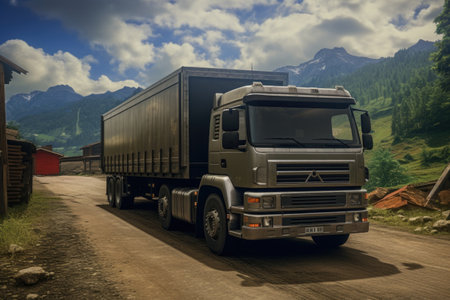 A picture of a large truck driving on a dirt road. This image can be used to depict transportation, travel, or rural landscapes.の素材