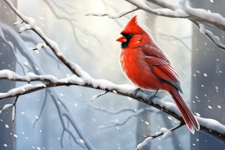 A striking image of a red bird perched gracefully on a branch covered in snow. Perfect for winter-themed designs and nature-inspired projects.の素材