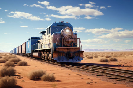 A blue train is seen traveling through a vast desert landscape. This image can be used to depict transportation, travel, adventure, or exploration.の素材