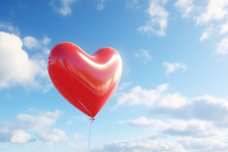 A red heart-shaped balloon floating in the air. This picture can be used to represent love, romance, celebrations, and special occasions.の素材