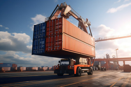 A forklift is shown lifting a container onto a truck. This image can be used to illustrate transportation, logistics, or loading and unloading operations.の素材