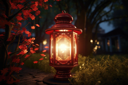 A red lantern sitting on top of a wooden table. Perfect for adding a warm and cozy touch to any space.の素材