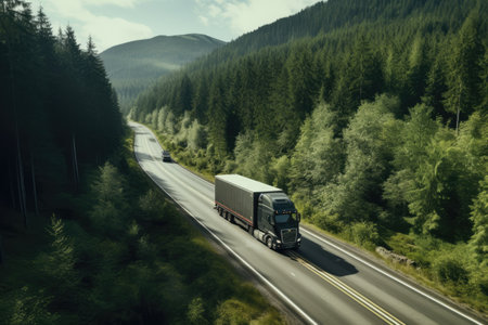 A truck driving down a highway in the middle of a forest. This image can be used to depict transportation, nature, and travel.の素材
