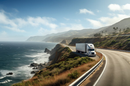 A powerful semi truck driving down a scenic road next to the beautiful ocean. Perfect for transportation, travel, and coastal themes.の素材