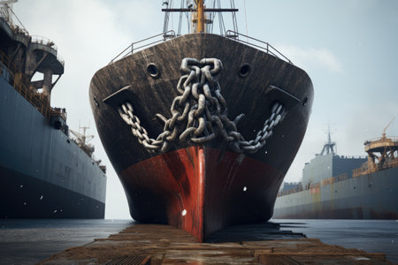 A picture of a large ship with a chain attached to the front. This image can be used to depict maritime transportation or the power of the sea.の素材