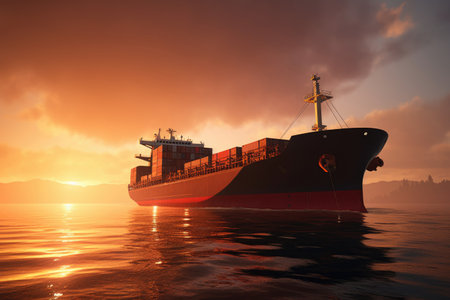A large cargo ship sailing in the middle of the ocean. Suitable for travel, transportation, and shipping-related projects.の素材