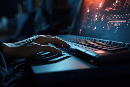 A person is seen typing on a computer keyboard in a dimly lit room. This image can be used to depict working late at night, cybersecurity, privacy, or a mysterious atmosphere.の素材
