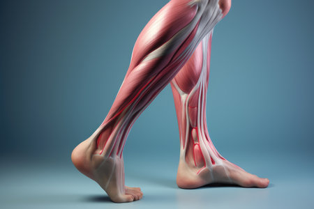 A close-up view of a person's legs, showing the highlighted muscles. This image can be used to depict fitness, strength, athleticism, or exercise-related concepts.の素材