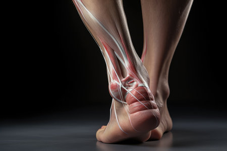 A detailed close-up of a person's foot with the muscles exposed. This image can be used to depict anatomy, medical illustrations, sports injuries, or physical therapy.の素材