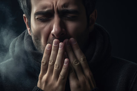 A man wearing a black sweater is seen covering his mouth with his hands. This image can be used to convey surprise, shock, secrecy, or even the act of being silenced.の素材
