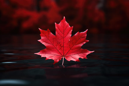 A vibrant red maple leaf resting delicately on top of a serene water puddle. This image captures the beauty and tranquility of nature. Perfect for use in autumn-themed designs or to add a touch of nature to any project.の素材