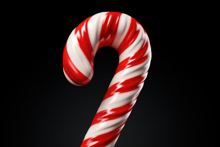 A close up photograph of a candy cane against a black background. This image can be used for holiday-themed designs or as a symbol of festive treats.の素材