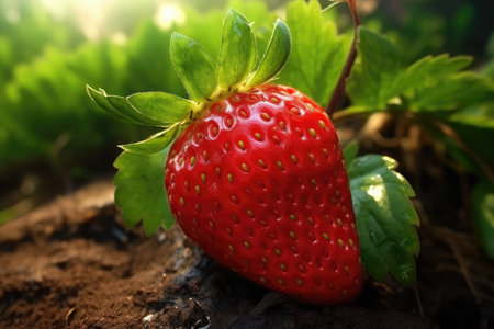 A detailed view of a ripe strawberry lying on the ground. This image can be used to showcase the beauty of nature or to depict the concept of fresh and organic produce.の素材