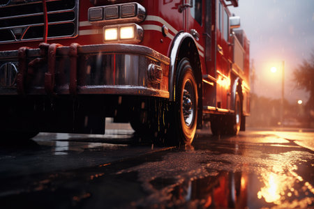 A red fire truck is seen driving down a wet street. This image can be used to depict emergency response or firefighting services in action.の素材