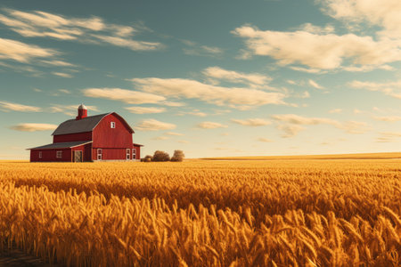 A picturesque red barn standing proudly in a vast wheat field. Perfect for agricultural themes or countryside landscapes.の素材