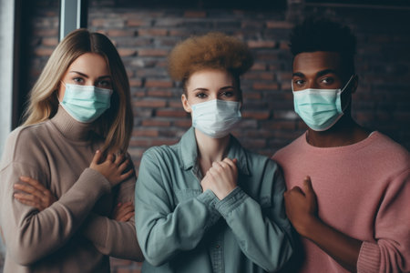 A picture of three individuals standing together while wearing face masks. This image can be used to depict safety measures, social distancing, or health precautions during a pandemic.の素材