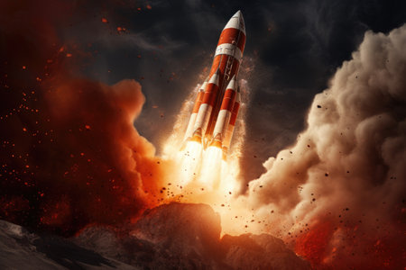 A red and white rocket soaring through the sky. Ideal for space exploration concepts.の素材