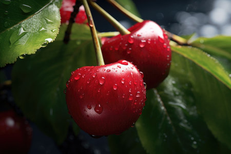A detailed view of two cherries growing on a tree. This image can be used to depict fresh fruit, nature, gardening, or the concept of abundance.の素材