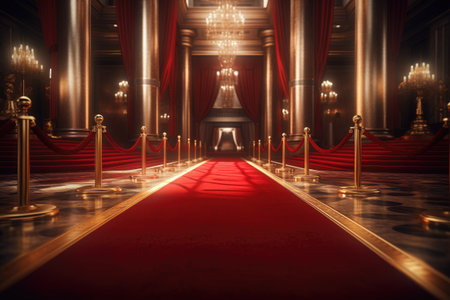 A luxurious red carpeted hallway with a stunning chandelier hanging from the ceiling. Perfect for adding elegance and sophistication to any project.の素材