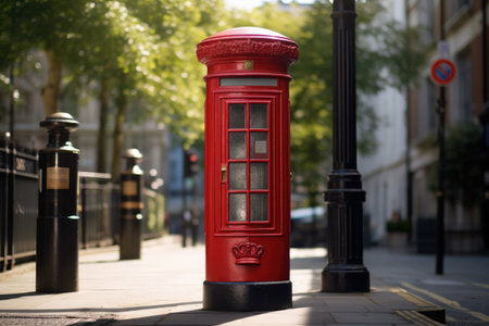 A classic red telephone box sitting on the side of a street. This image can be used to depict communication, urban life, or a vintage touch to any design project.の素材