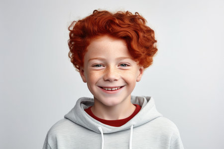 A young boy with vibrant red hair wearing a hoodie. This image can be used to depict youth, individuality, or casual fashion.の素材