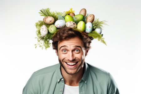 A man wearing a bunch of eggs on his head. This image can be used to depict humor, creativity, or unconventional thinking.の素材