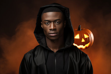 A man wearing a hoodie with a jack o lantern on his shoulder. Perfect for Halloween-themed projects or spooky designs.の素材