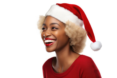 A woman wearing a Santa hat and smiling. This festive image can be used to add holiday cheer to any project.の素材