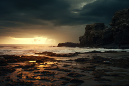 A stunning image of the sun setting over the ocean on a cloudy day. Perfect for capturing the serene beauty of nature. Ideal for travel brochures, website backgrounds, and inspirational content.の素材